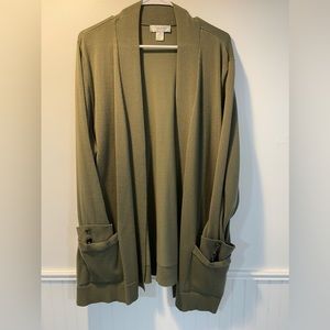 CJ Banks olive green cardigan with pockets and button details on the wrists